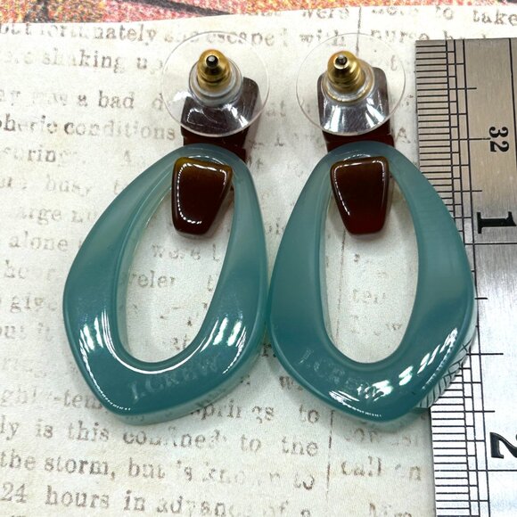 J. Crew Signed Designer Bold Resin Lucite Aqua Blue Amber Drop Hoop Earrings - Picture 2 of 14